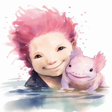 Adorable pet Axolotl having happy moment with it's human owner, water color style, clipart, white background