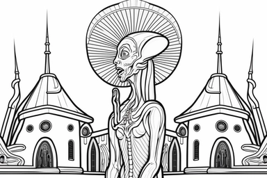 make it an alien church Contour Drawing, in the style of line art coloring page for adults, entirely black and white only, vector drawing style, clipart, white background