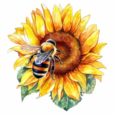 bee and sunflower drawn in watercolor, vector design, cutout,Sublimation Clipart ,Cartoon,hyper realistic, intricate detail, illustration style,high solution,on the white background