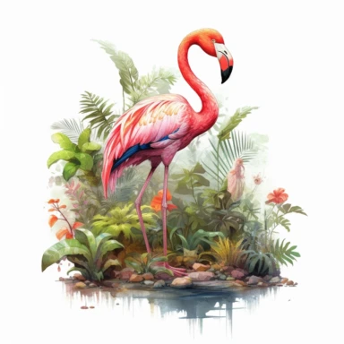 flamingo standing in large tropical forest with full tropical plants, full body, watercolor styles, clear background, Sublimation Clipart,hyper realistic, intricate detail, illustration style, isolated on white background for removing background