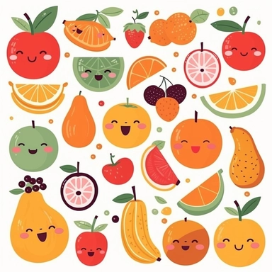 Cute Fruit Clipart - clip art set of orange, apple, banana, fruit, happy food clipart