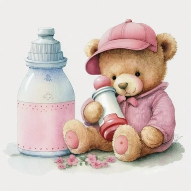 an ultra Cute little newborn baby teddy bear wearing pink traditional classic striped pyjamas and bedtime hat with a pink baby bottle of milk and a pink pacifier sitting on a pink fluffy rug, watercolour, cute,, bedtime, sleepy, dreamy, isolated on white background, Clipart