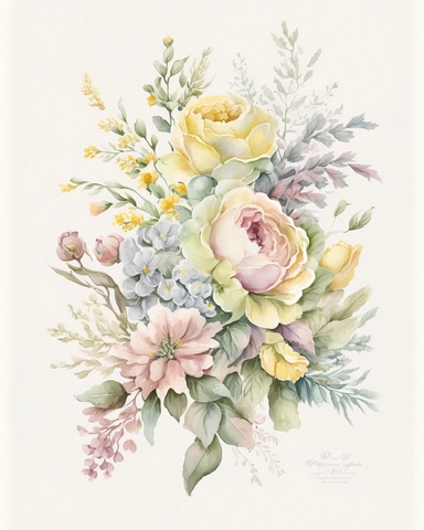 soft colorful pastel colored floral arrangement clipart, soft and subtle, colorful fairy pastel colors watercolor style, fawncore, peonies and roses, pastel yellow, yellow dreamy pastel, dreamy pastel colors, muted pastel colors, colorful dreamy pastel yellow, colorful fairy pastel yellow, plain white background, use of fabric, excellent depth of shading in soft watercolor style, watercolor artwork, plain white background for transparent editing