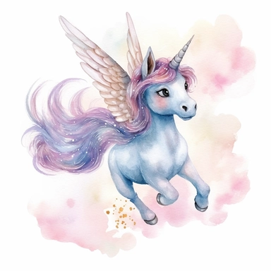 cute baby unicorn, clipart, watercolor, flying over a sky, with wings