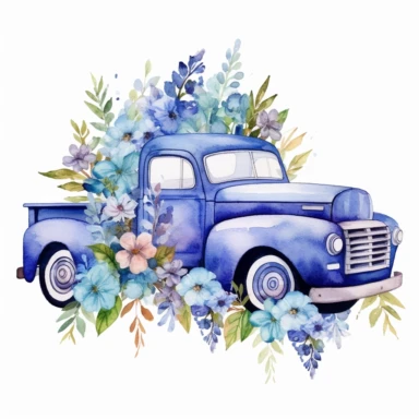 cute blue pick up truck loaded with flowers watercolor clipart