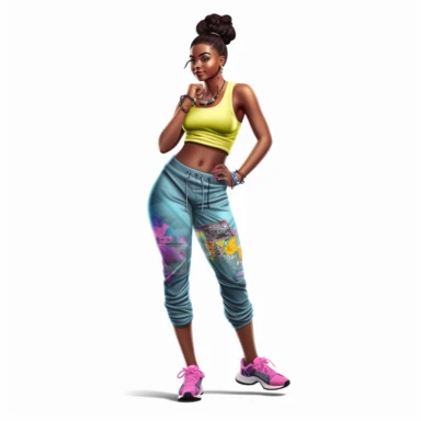 beautiful black teenage girl with beautiful pinned up hairstyle, dressed in bright colored fitness attire. Full perspective and, long shot A young black woman with full lips and a big beautiful smile, dressed in a jogger, has pinned up hairstyle and beautiful shapely legs, wearing sneakers, clipart in the style of digital airbrushing, feminine sticker art, dollcore, realistic face, realistic body, glamorous,