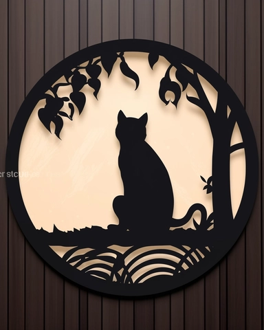 a circle with cat inside it SVG Papercut Template, Halloween style, svg cut files, Silhouette, Clipart Vector, flat black lines on white background, Cricut, in style of foxsister