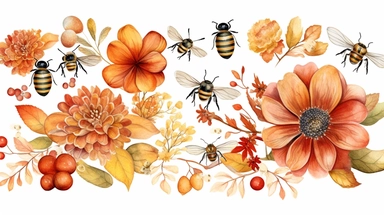 Watercolor honey bee clipart in isolated white background, beehives and flower arrangements, spring garden bee and honey drops, in the style of luxurious fabrics, golden and red hues, colorful, spring garden bee and honey drops, storybook-like, bloomcore, gold leaf accents, precis thin lines, pastoral charm, digital print, beatrix potter