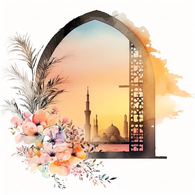 one Watercolor BIG Window WITH Dubai SUNRISE VIEW and little flowers clipart