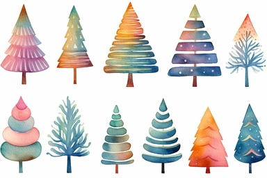 christmas tree and ornament clipart, in the style of whimsical watercolor, ornamental, festive atmosphere
