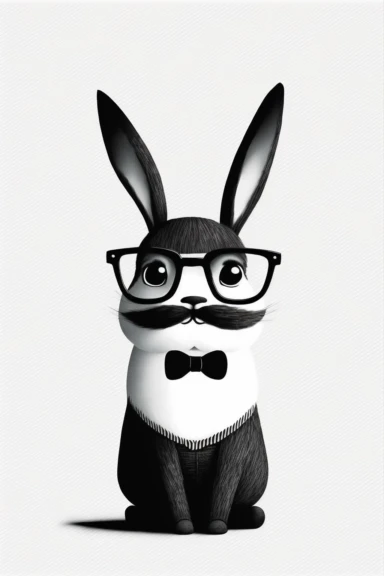 minimalistic pixar style clipart, minimalistic nordic style clipart, anthro hipster rabbit with mustache, minimalistic black and white color palette,