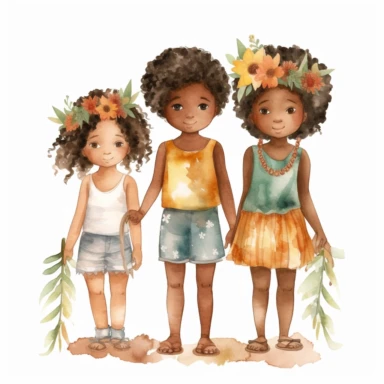 pretty African American children's nursery style water color clipart, 3 cute kids, wearing boho style clothing, full body, realistic digital art, white background, s1000