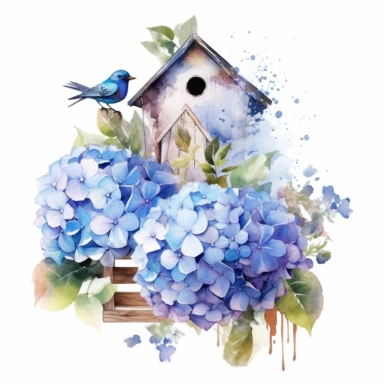 Watercolor blue Hydrangea Garden clipart, gardening. House, birdhouse, tender flowers