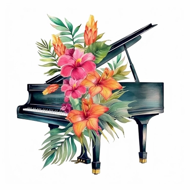 baby grand piano tropical floral clipart, varying angles and orientations white background
