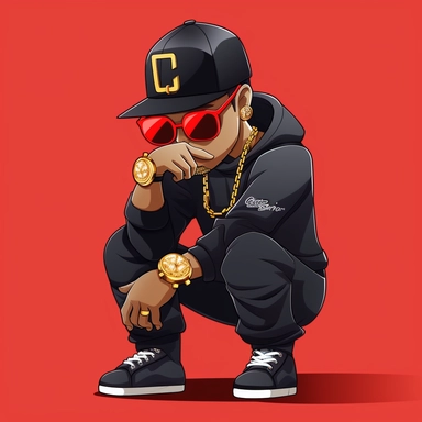 convert into dope boy mascot guy, crouched position, gold watch, gold chain necklace, square black sunglass, cartoon, flat, clipart, high quality, 4k 8k