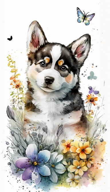 A cute baby Siberian Husky puppy sitting in a bed of colorful flowers, looking up at the sky with curious eyes, surrounded by butterflies and bees, evoking a sense of innocence and wonder, Watercolor painting with a bright and cheerful color palette, emphasizing the playfulness of the scene, watercolor clipart, white background