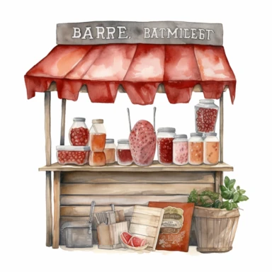 hand drawn ROADSIDE STAND WITH STRAWBERRY JAM AND COUNTRY HAM leg , very detailed and realistic , watercolor, white background with margins, clipart style