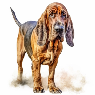 bloodhound watercolour paintingstanding realistic yet stylized, digitally enhanced, clipart, 32k uhd, detailed crosshatching white background
