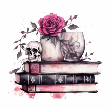 Gothic style books with watercolor effect, suitable for digital clipart, white background, gothic pink scene, gothic colors, gothic tools, gothic roses, dark scene, twinkles