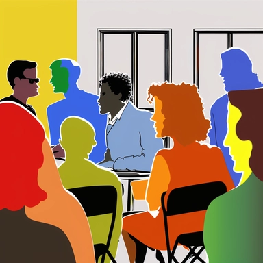 community neighbors at a symosium learning about each other in atlanta. each person is a different bright primary color in a clipart style.