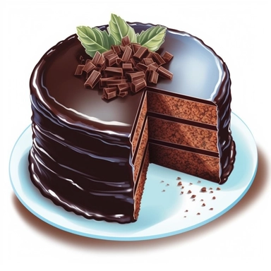 Generate a clipart image of a chocolate blackout cake. Showcase a rich chocolate cake filled and frosted with dark chocolate ganache, creating a delectable and indulgent treat.