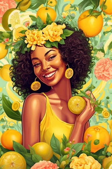 gorgeous joyful black woman, clipart, cartoon illustration, christa mckenzie pose and head pose photos a new lemonade business website, in the style of vibrant lemon and floral backdrops, synthetism-inspired, pop cultural, 32k uhd, smilecore, embroidery a