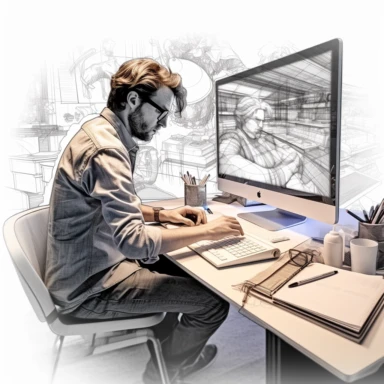 man owrking at computer desk in office in the style of digital airbrushing, realistic yet stylized, digitally enhanced, clipart, 32k uhd, detailed crosshatching white background