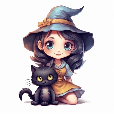 Little cute cartoon witch with a cat as clipart on a white background