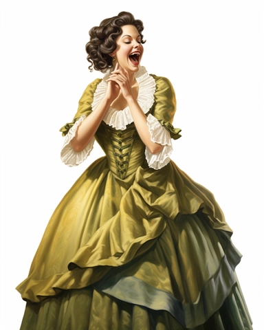 detailed happy beautiful lady , dressed in a sage victorian vintage dress laughing and covering her mouth, hyper realistic, 8k, isolated on white backgorund, clipart