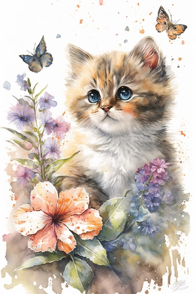 Adorable chaton jouant avec papillon et fleurs : Clipart aquarelle,réalisé félin mignon, utilisation commerciale, 300 DPI, Art mural, fabrication de cartes,