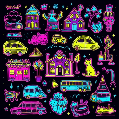 cute hand drawn neon color clipart set on black background , big house, beach, castle, boat, a girl, a boy, car, bus, train, plane, bird, eagle, fox, lion, cat, cats, fish, cake