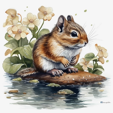clipart de ardilla bebiendo agua de un charco rodeado de flores, acuarela, 16k, hiper minimalista, megapixel, full color, super detailed, realistic watercolor paintings, in the style of 32k uhd, realistic animal portraits, precise draftsmanship, high quality