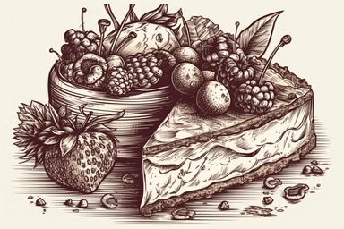 Design of cheesecake clipart, hd on clear and white background spaced out style of Aaron Horkey