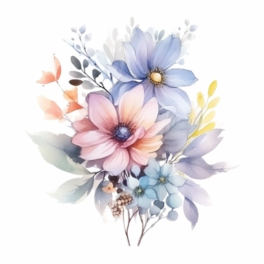 watercolor flowers composition or bouquet composed of a few flowers only clipart, delicate and pale faded colors, very delicate colors in natural pallette, very faded, colors barely visible, hd