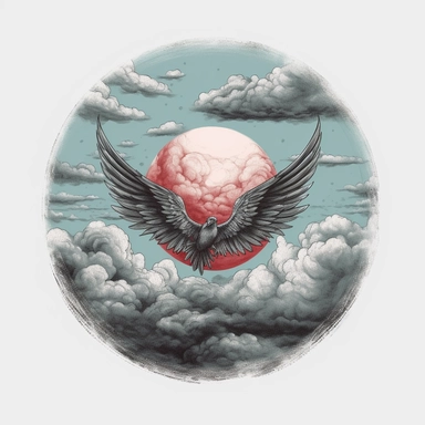 clipart, pastel blue sky, gray black clouds, red sun, white angels fly in the clouds, realism, t-shirt design, white background, Animated GIF,