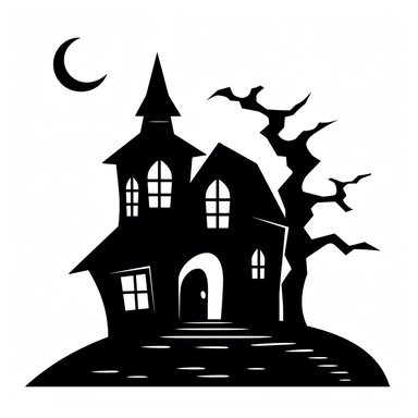 black and white silhouette of a haunted house icon, clipart style, white background, thick lines, vector, simple design, flat colour, solid colour, halloweencore, from a distant perspective