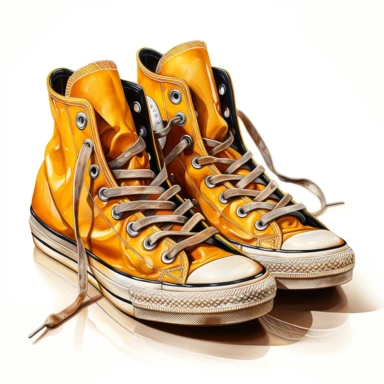 yellow hand drawn , watercolor, hyper realistic, white background, white margins, 16k, ultra detailed clipart, cut out image, hand-drawn, ultra HD, sharp and clean art , a pair of vintage old worn sneakers 1940 -1950 era , capturing the romantic and feminine aesthetics often associated with vintage fashion and travel, Clipart