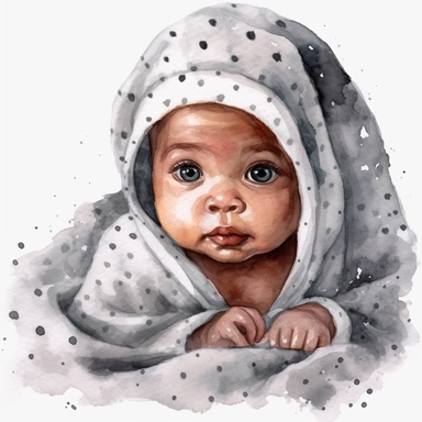 Watercolor cute new born black baby on a cute blanket, clipart, singel clipart, High resolution, white blanket, 8k