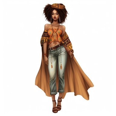 a vibrant,anime,Fotor,clipart ,white background ,full big body boho black fierce ,beautiful,African American uP CLOSE,HD women wearing Juneteenth clothing wearing sandal shoes standing--q2