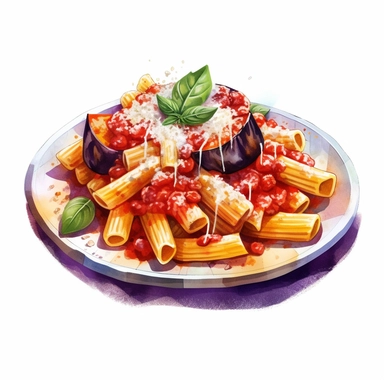 Pasta alla Norma: Pasta with tomato sauce, fried eggplant, and ricotta salata cheese, watercolor clipart illustration, flat blank transparent background, food photography, soft cinematic lights, juicy, bright, high quality, ultra detailed, 32k