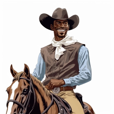 clipart, 1950s handome black man that is a cowboy on horse looking at camera smiling, inspired by the”Lone Ranger” 1950s comic book, white background,