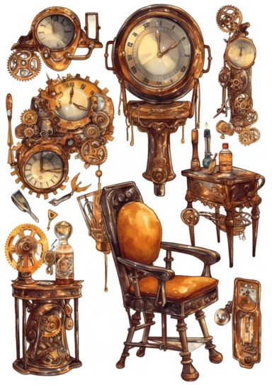 watercolor steampunk mechanical tools clipart set like mirror, lipstick, hat, chair, jewels, highly detailed ,clipart, hd, on white background, spaced out