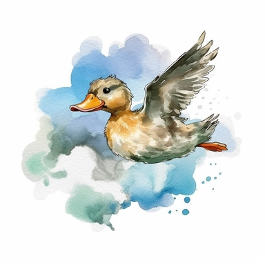 an adorable Duck flying in the style of watercolour clipart with detailed brush strokes