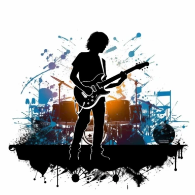 Music notes and instruments, a teenager playing hardrock, silhouette, on stage, vector style graphic, cool vibe, clipart, single design, white background