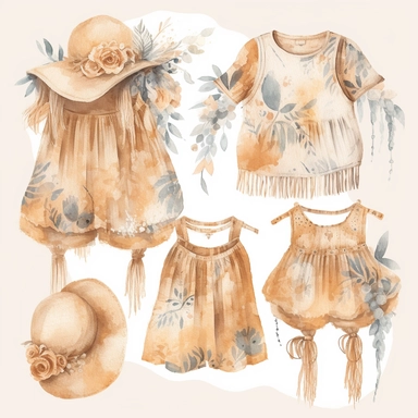 *Design a watercolor clipart featuring bohemian-style baby cloth such as flowy dress, romper, and fringed vest. Use earthy tones and delicate lines to capture the free-spirited vibe, white background