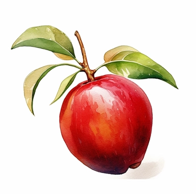An extraordinary and one-of-a-kind clipart-style watercolor illustration of a Jujube fruit, presented against a pristine white background. This Jujube clipart stands out with its distinct artistic flair and unconventional interpretation. The Jujube is depicted with a captivating and imaginative touch, showcasing its unique shape, vibrant red color, and textured skin in a truly unconventional manner. The watercolor technique is employed in a bold and experimental way, creating a fusion of colors 