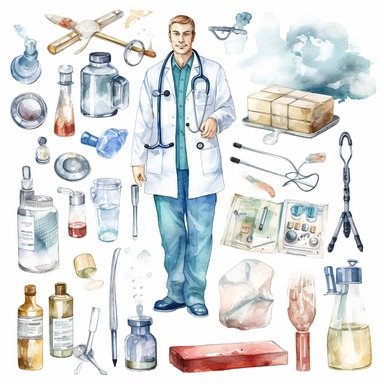 watercolor doctor related scenes , illustrations clipart set, simple, , cartoon elements ,different variants , glucometer, insulin syringe, nurse, doctor, stethtescope, mechanical body weighing scale, tweezers, microscope, ambulance, , separate elements with a margin