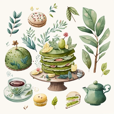 Draw a set of cartoon - style watercolor illustrations of a forest - themed afternoon tea in shades of green and yellow. The images should have a elegant, refined, and sweet aesthetic, incorporating elements such as plant - scented desserts, teas, and other culinary items such as macarons, scones, and a teapot. Individual images cliparts