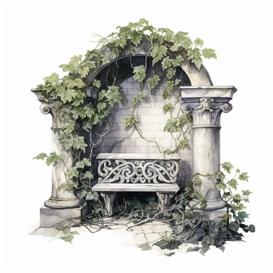 A stone bench overgrown with dark ivy and mysterious moonflowers in a secluded gothic garden clipart, white background, watercolor drawing