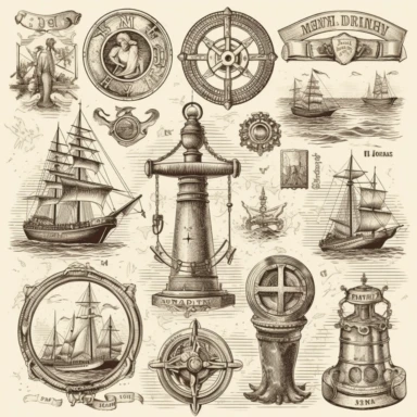 maritim symbols, vintage, clipart, 8k, high detail, white background